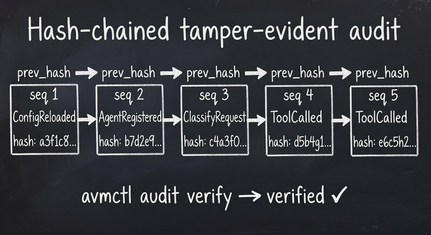 Hash-chained tamper-evident audit — five connected blocks, each with seq number, event type, and hash; prev_hash arrows linking them; avmctl audit verify confirms verified