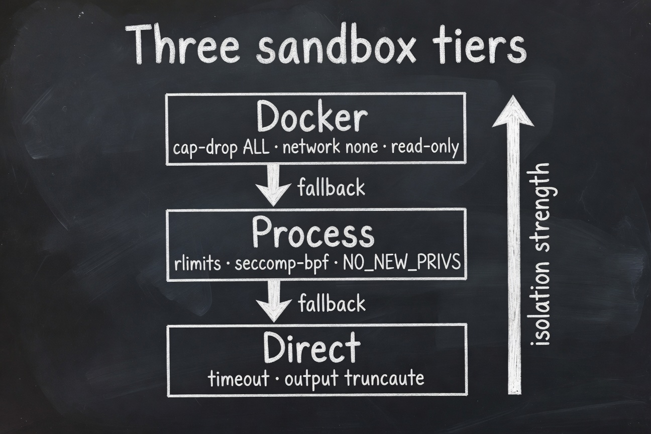 Three sandbox tiers — Docker, Process (rlimits + seccomp), Direct fallback — automatic downgrade chain