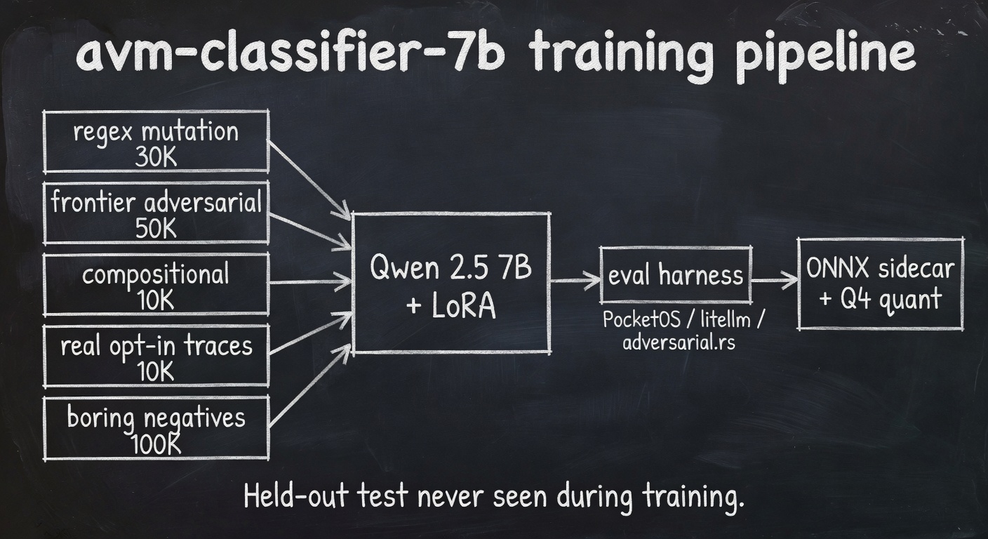 avm-classifier-7b training pipeline — five corpus sources (regex mutation 30K, frontier adversarial 50K, compositional 10K, real opt-in traces 10K, boring negatives 100K) feed Qwen 2.5 7B + LoRA, then eval harness covering PocketOS / litellm / adversarial.rs, then ONNX sidecar with Q4 quantisation. Held-out test never seen during training.